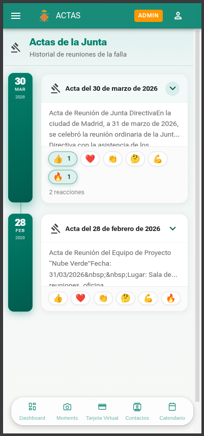 Pantalla de actas en la aplicacion