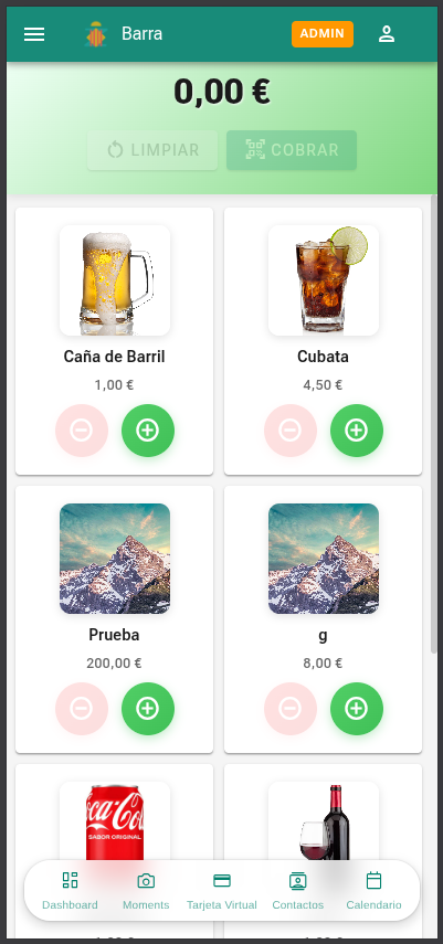 Pantalla de cobro en barra para comisiones de fiestas