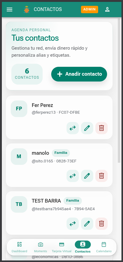 Pantalla de contactos en la aplicacion
