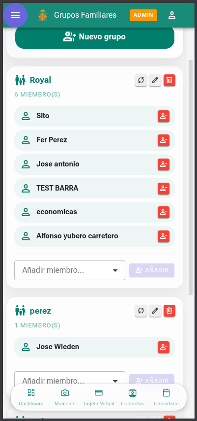 Pantalla de grupos familiares