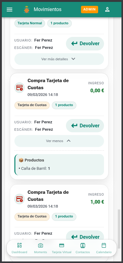 Pantalla de control de movimientos y saldos