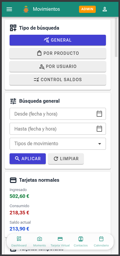 Vista de movimientos y metricas