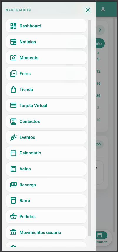 Panel lateral de navegacion en Cinder App