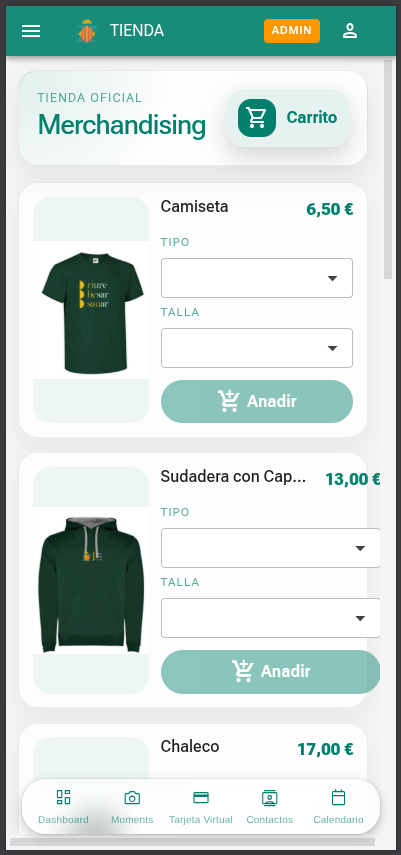 Pantalla de tienda oficial de la agrupacion